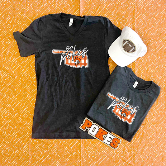 OK STATE 2025: Go Pokes Watercolor Plaid State (BELLA CANVAS VNECK or CREW NECK)