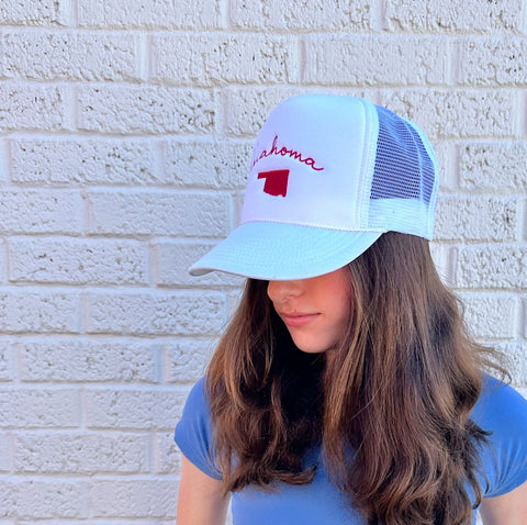 Oklahoma Spring Hat (RED COTTON HAT w/ WHITE Embroidery)