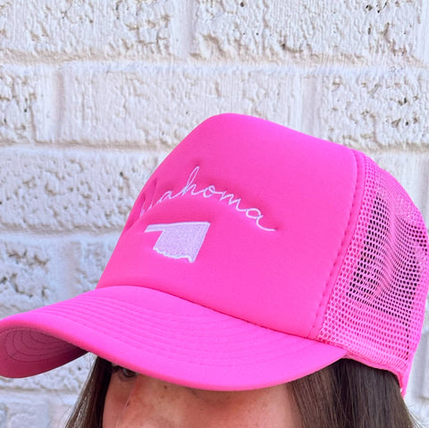 Oklahoma Pink Chenille Patch Hat - WHITE