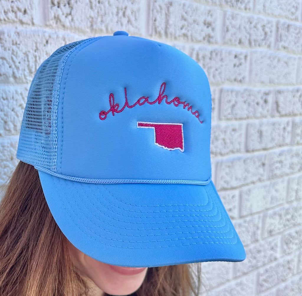 Oklahoma Spring Hat (BRIGHT BLUE MESH BACK w/ HOT PINK Embroidery)