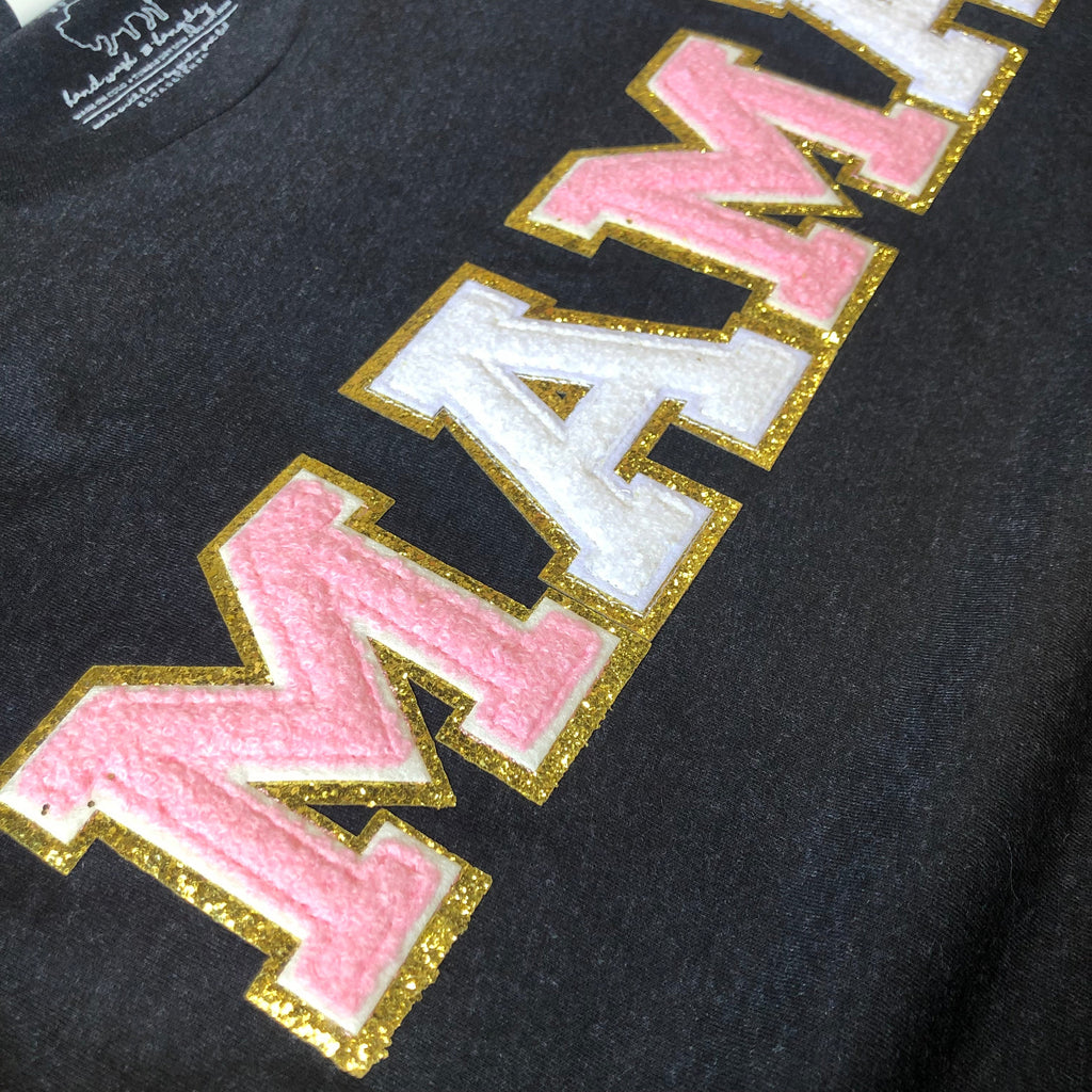 MOM LIFE 2022: "MAMA" Pink & White Chenille Patches (VNECK or CREW NECK)
