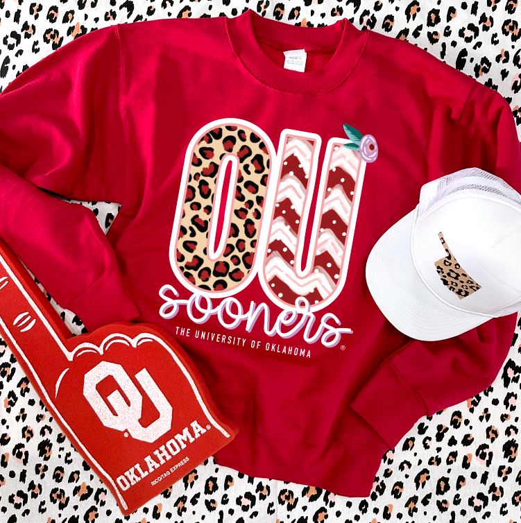 UNIV of OK 2023: OU Leopard & Chevron Mixed Patterns (SWEATSHIRT)